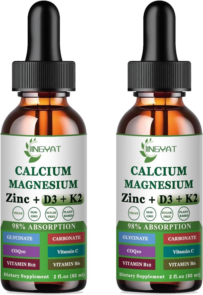 Calcio Magnesio Zinc gotas líquidas, Magnesio líquido Glycinate 500mg Calcio 1000mg con vitamina D3,K2,B6,B12,Coq10,6X Más fuerte que Gummies cápsulas (2 Pack)