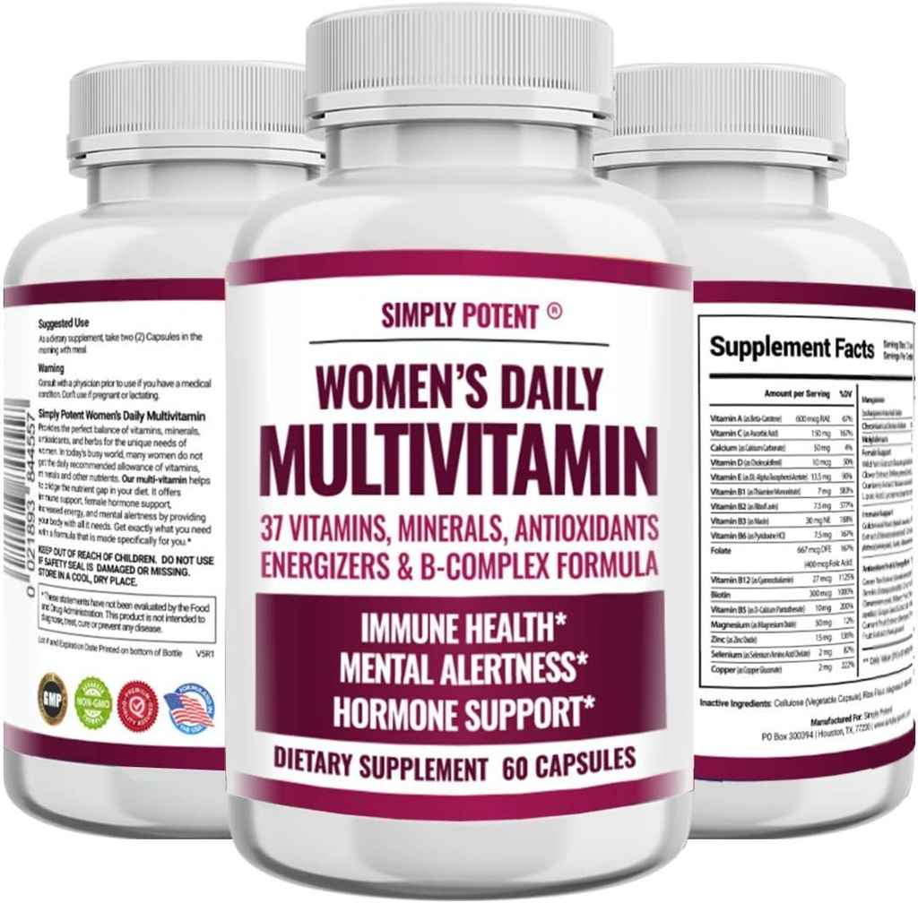 Multivitamínico para Mujeres, 37 Multi Vitaminas con Minerales, Vitaminas A C D E, Biotina, B12, Folato, Zinc, Magnesio, Calcio, Té Verde para el Cabello, Esquí, uñas, Energía, Inmune &amp; Hormona Apoyo, 60 cápsulas