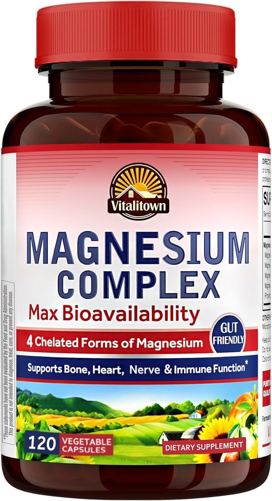 Vitalitown Magnesium Complex Supplement 500mg - NSF Certified Magnesium Glycinate, Malate, Taurate & Citrate - Chelated High Absorption & Gentle on Stomach - Vegan Non-GMO 120 Capsules