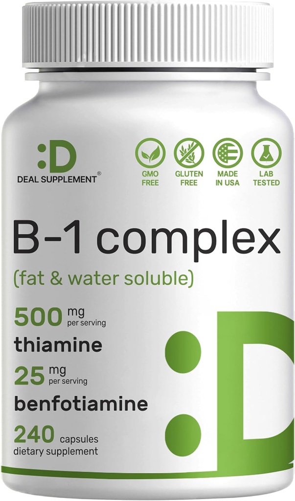 SUPLEMENTO DEAL Vitamina B1 500mg con Benfotiamine, 240 cápsulas – 2 en 1 Fórmula mejorada – Fat & Water Soluble Thiamine B1 Suplemento – Tercero testado, No GMO, No Gluten