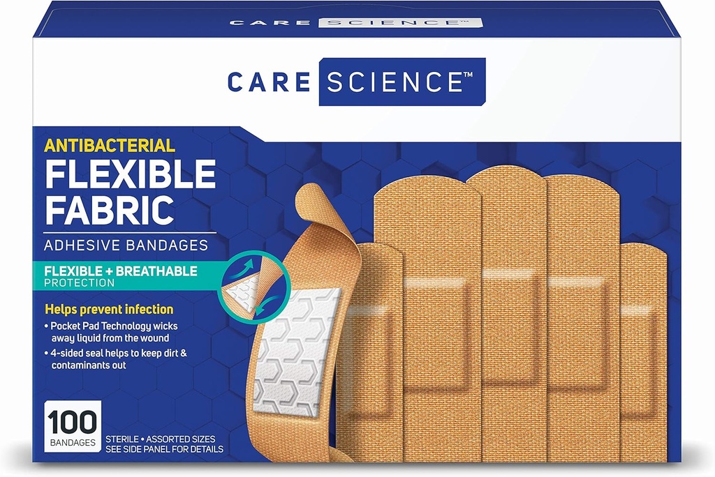 Care Science Fabric Adhesive Bandages, 100 ct Assorted Sizes | Flexible + Breathable Protection Helps Prevent Infection for First Aid and Wound Care