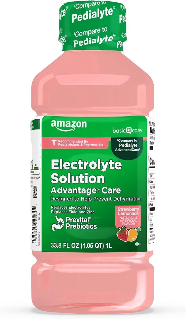 Cuidado básico Solución electrolítica con prebióticos previtales, limonada de frambuesa, bebida de hidratación, electrolitos de reposición, líquido " zinc, 33.8 fl oz (Pack of 1)