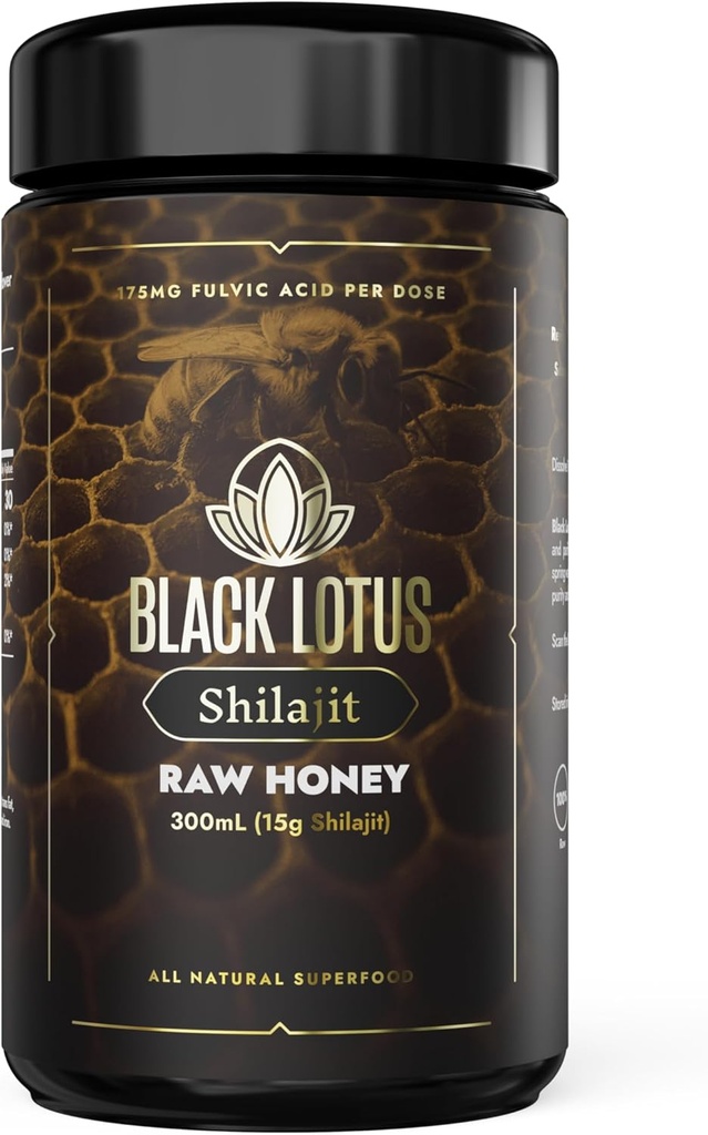 Black Lotus Pure Shilajit Resin Raw Honey Liquid Tincture, 300ml, 100% Puro Shilajit Natural para Hombres &amp; Mujeres, Aminoácidos, 175mg Ácido Fulvic, 85 Ionic Trace Minerals, Para Immune Support, Focus, Energy