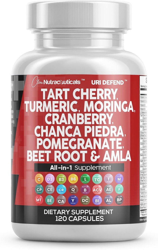 Clean Nutraceuticals Tart Cherry Extract Capsules with Turmeric Moringa Cranberry Chanca Piedra Celery Quercetin ACV Pomegranate L Selenomethionine - Uric Levels - 120 Ct