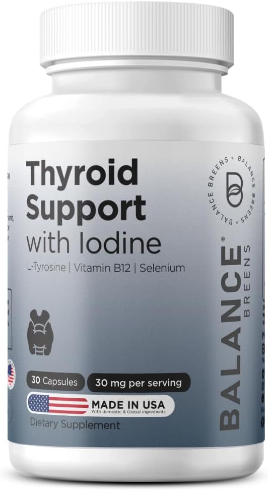 Balancebreens Tiroid Support Suplemento con Iodine, L-Tyrosine, Vitamina B12 &amp; Selenium, 30 Veg Capsules - Energía, Metabolismo & Focus Support
