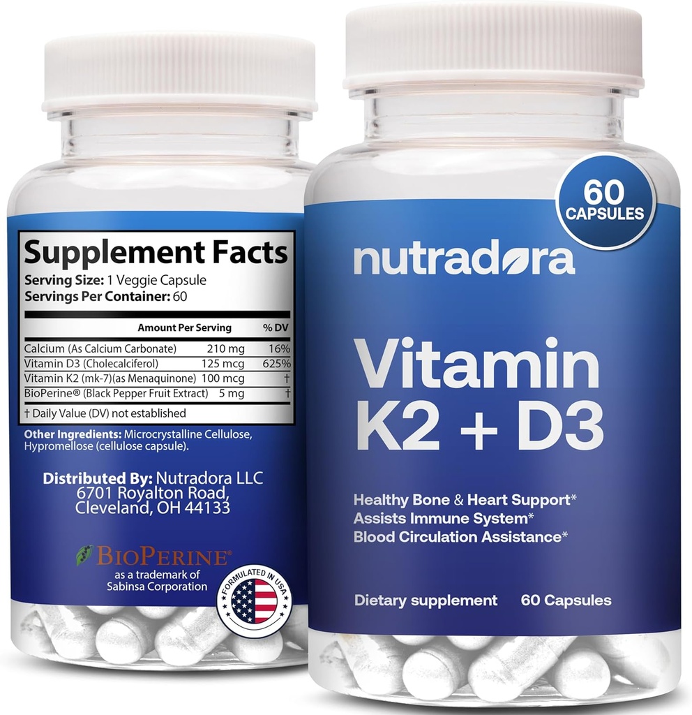 Vitamina D3 K2 Cápsulas para Hombres y Mujeres - K2 D3 Suplemento de vitaminas para el apoyo al corazón y el hueso saludables, sistema inmunológico " Asistencia para la circulación sanguínea, formulado en EE.UU., 60 cápsulas vegetales