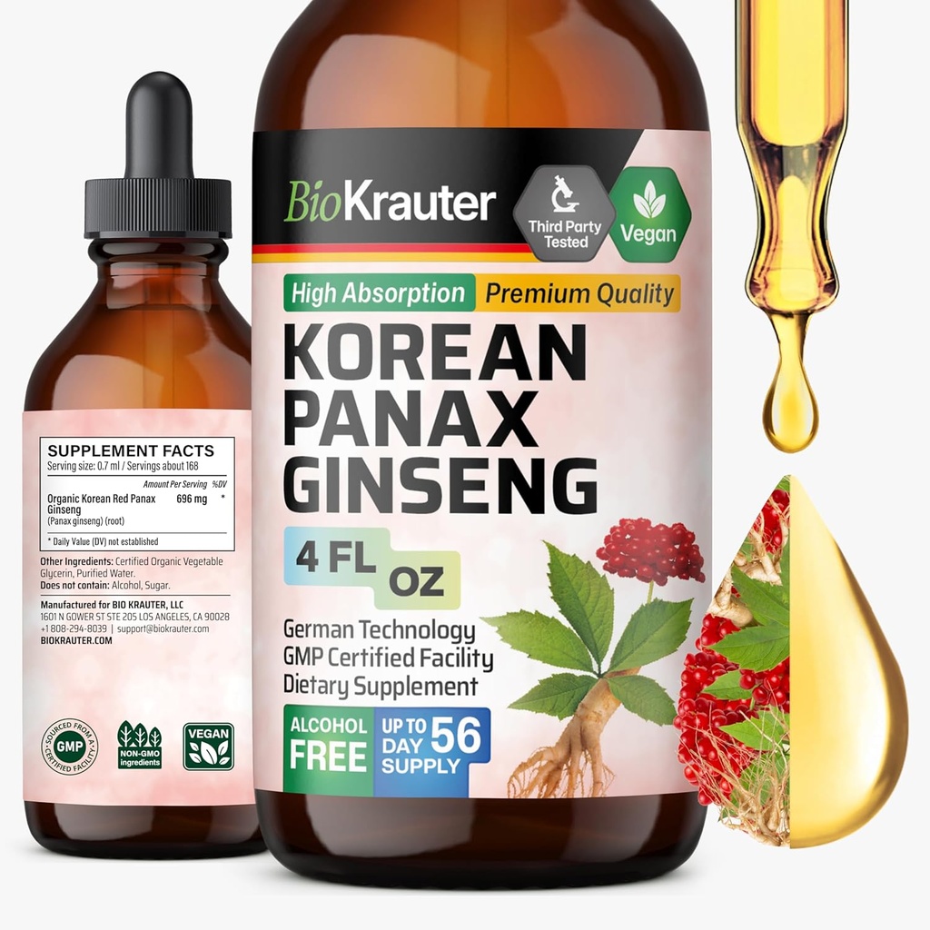 BIO KRAUTER Coreano Red Ginseng Extract Liquid - Alcohol &amp; Azúcar Panax Ginseng Suplemento - Vegan Immune Support Suplemento - 4 Fl. Oz.