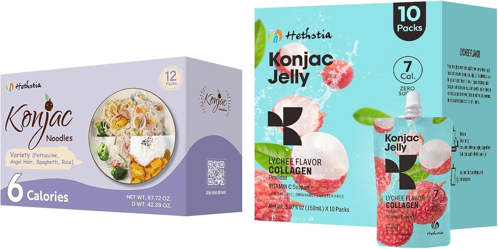 Hethstia Konjac Jelly Lychee Flavor with Collagen Peptides 10 Packs y Konjac Noodles Variedad Gluten Gratis 12 Packs Baja Calorie, Keto, Azúcar Libre, Saludable