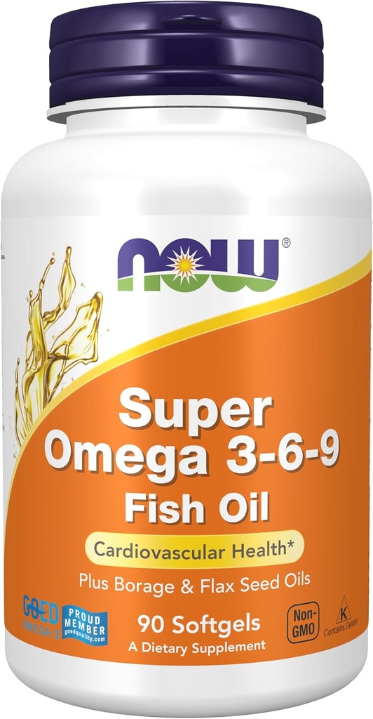 AHORA Suplementos, Super Omega 3-6-9 1200 mg con una mezcla de aceites de semilla de pescado, borrado y lino, 90 Softgels