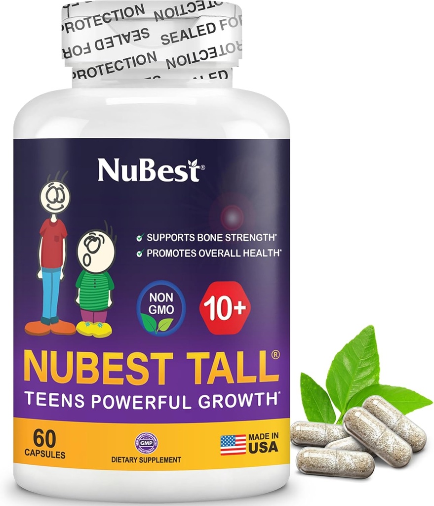 NuBest Tall 10+ Premium Bone Strength Fórmula, Inmunidad mejorada y salud general para la edad 10+ con Calcio, Vitamina D3, Vitamina K2, y Multivitamínicos 60 cápsulas  1 mes de suministro