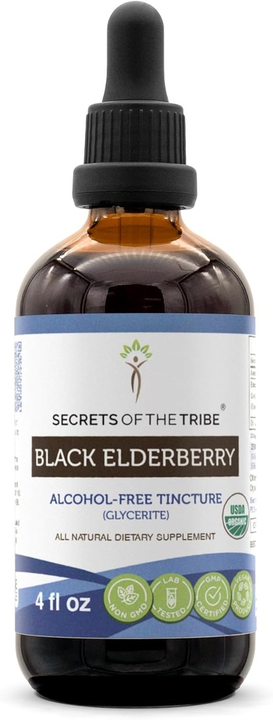 Secretos de la Tribu Black Elderberry Alcohol-Free Tintura (Glicite) 680 mg USDA Organic Black Elderberry (Sambucus Nigra) Dried Berry (4 Fl Oz) Immune Support Suplemento