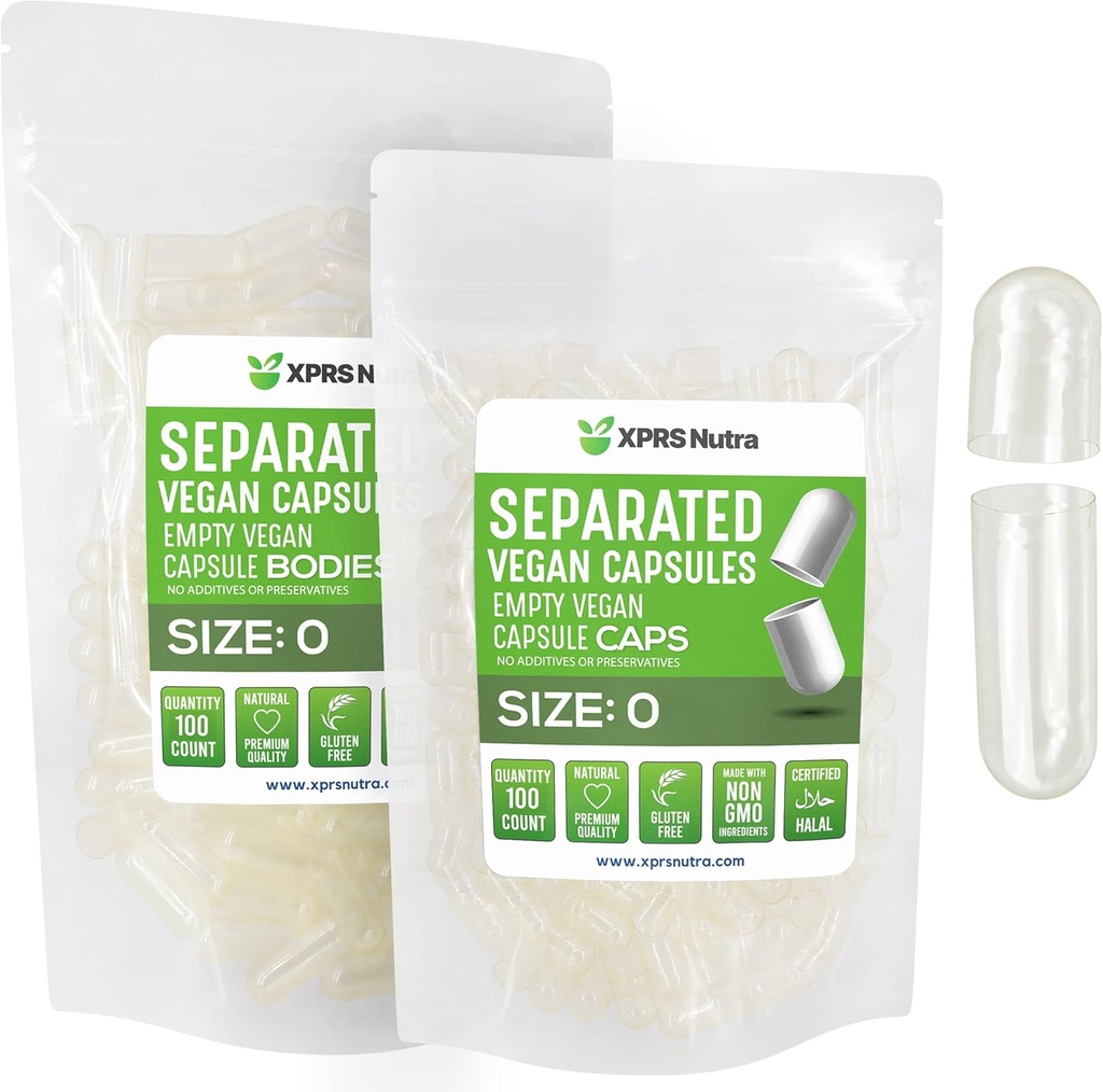 XPRS Nutra Vegan Tamaño 0 cápsulas separadas - 100 conteos transparentes cápsulas vacías separadas en bolsas - píldoras para relleno de suplementos DIY