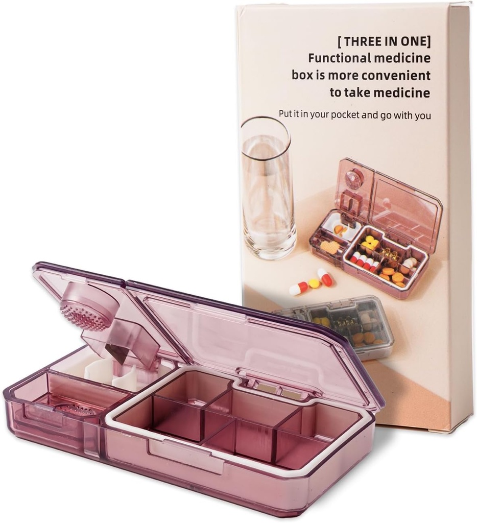 Pill Organizer with Cutter Crusher:Travel Medicine Pill Organizer for Pocket Purse to Hold Vitamins Medication Supplements,Pink