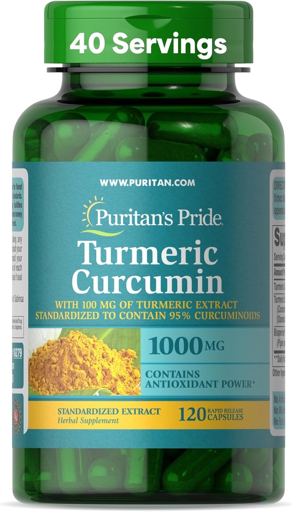 Curcumina de Turmeric Pride de Puritan 1000mg, Standarized a 95% Cucuminoides, Suplemento dietético herbal para la salud antioxidante, 120 cápsulas de liberación rápida