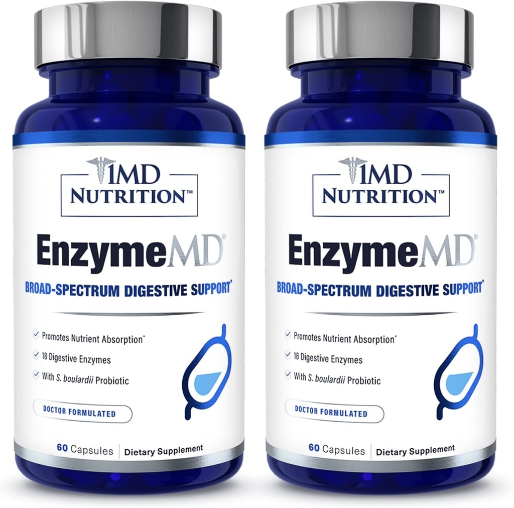 1MD Nutrition EnzymeMD - Digestive Enzymes Supplement - Doctor Formulated | 18 Plant-Based Enzymes - Gas & Bloating Support | 120 Capsules (2-Pack)