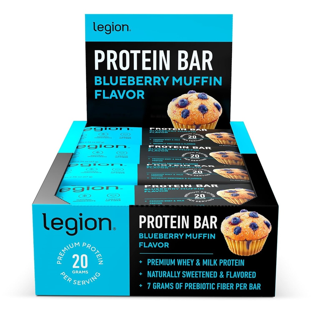 Legion Protein Bar Blueberry Muffin - 100% Whey Protein, Soy Free Protein Bares con fibra prebiótica - Bar Proteína de baja grasa saludable - Gluten Gratis, Naturalmente Flavored, Bares de Proteína de bajo azúcar (12 Conde)