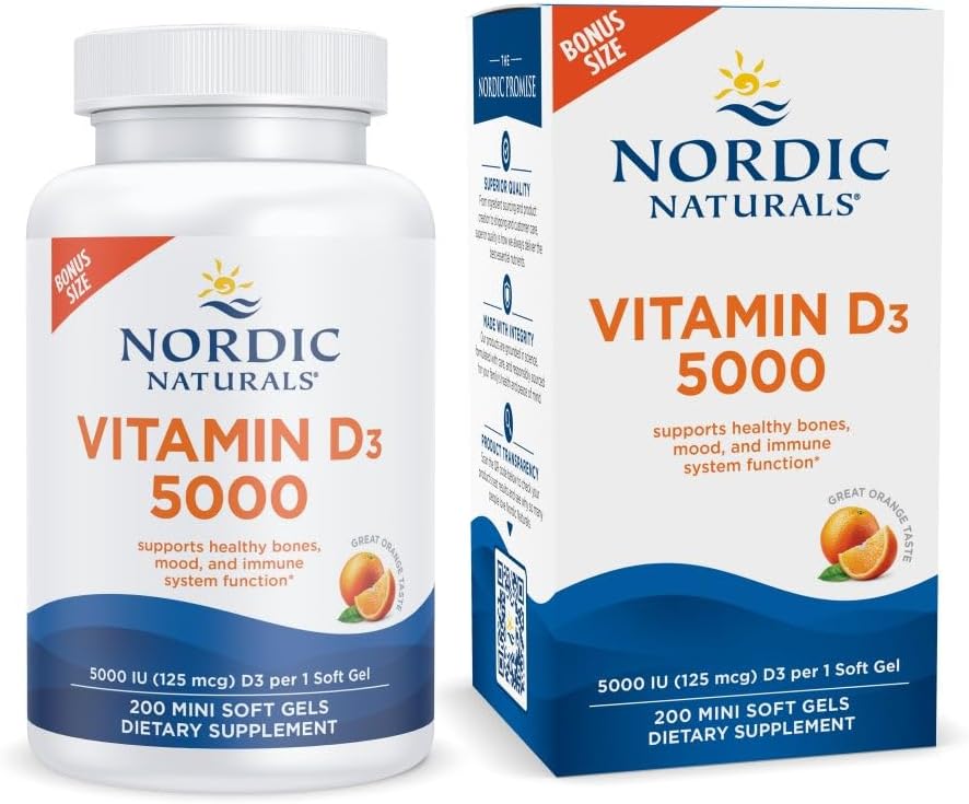 Naturales nórdicos Vitamina D3 5000, Naranja - 200 Mini Gels Soft - Soporte para Huesos Saludables, Mood, &amp; Sistema Inmunitario - Vegetariano - No GMO - 200 Servimientos