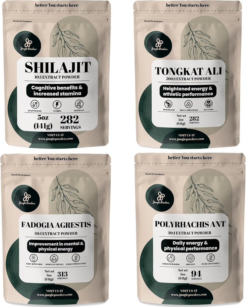 Powders de jungla Herbal Powders Bundle - Shilajit Powder, Tongkat Ali para Hombre Polvo, Negro Ant Extracto Polvo, Fadogia Agrestis Extracto para Hombre Suplemento