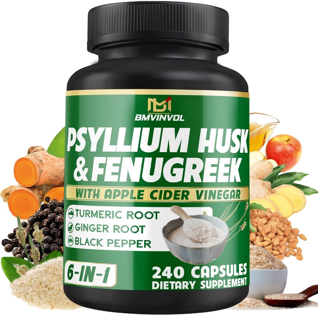 BMVINVOL Psyllium Husk Suplemento de fibra con Fenugreek, Apple Sider Vinegar, Turmeric, Ginger, Black Pepper- Digestion Health Support - 240 cápsulas