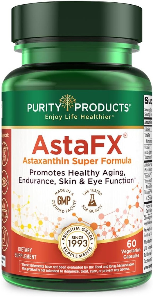 Productos de pureza AstaFX Astaxanthin Antioxidant Super Fórmula de Pruebas clínicas 4 mg AstaREAL con Tocotrienols (Vitamin E) + BioPerine Black Pepper + Piperine - 60 cápsulas vegetarianas