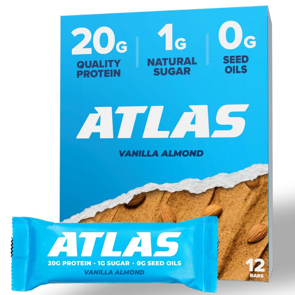 Atlas Protein Bar, 20g Protein, 1g Azúcar, Ingredientes Limpios, Gluten Free, Almendro de Vainilla (12 Conde, Pack of 1)