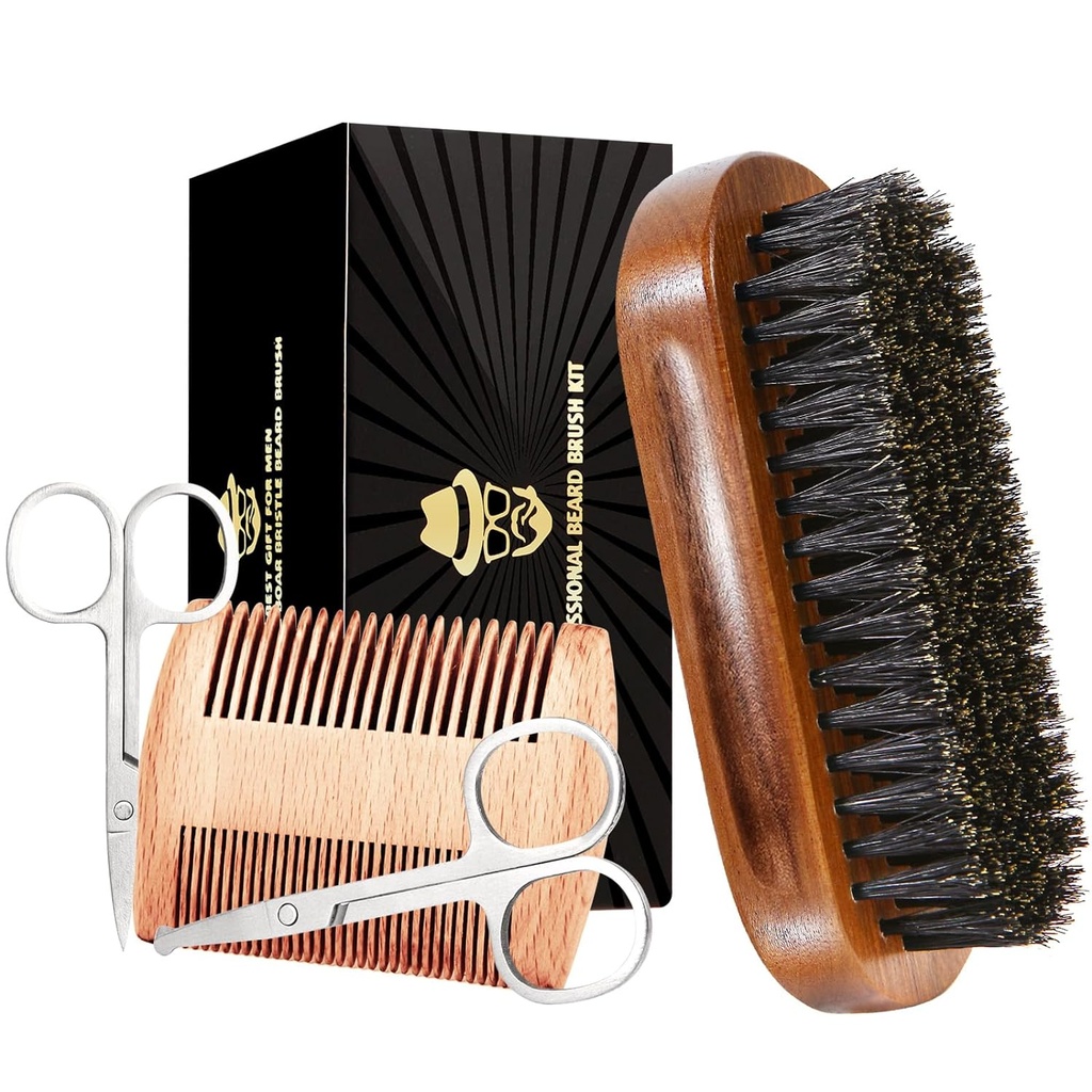 Cepillo de barba para hombres, Boar Bristle Black Walnut Wood Beards and Mustaches Juego de escoba que incluye Pure Boar Bristle Beard Brush, Beard Comb, Mustache Scissors y Travel Bag