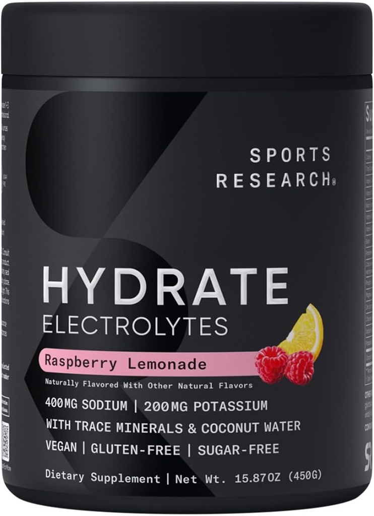 Sports Research® Hydrate Electrolytes Powder - Sin azúcar &amp; naturalmente saboreado con vitaminas, minerales y agua de coco - Soporta la hidratación - Raspberry Lemonade - 90 Servimientos