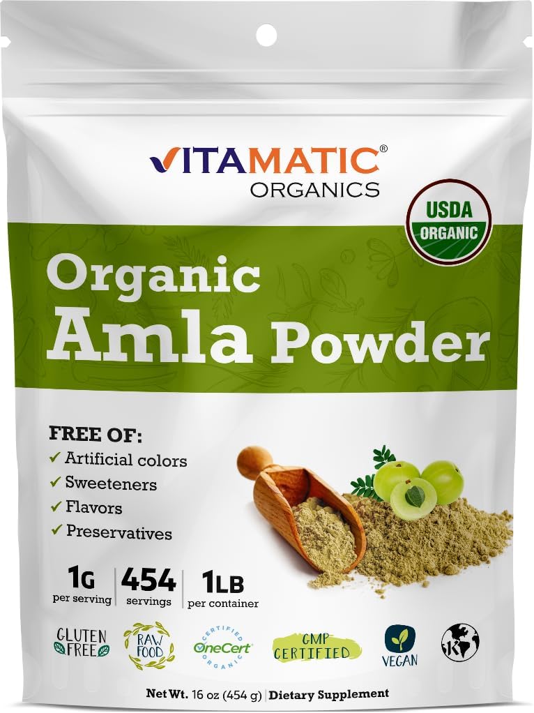Vitamatic Certified USDA Organic Amla Berry Powder – 1 lb (16 oz) Amalaki ← Rich in Natural Vitamin C " Antioxidantes Silenciosos Immune Health TEN Gluten-Free, Non-GMO, Kosher