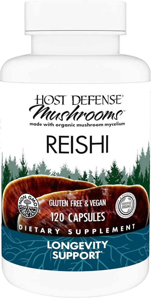 Host Defense Reishi Capsules - Heart &amp; Immune Health Support Supplement - Mushroom Supplement to Support Energy & Vitality - Reishi Supplement to Aid General Well-Being - 120 Capsules (60 Servings)*