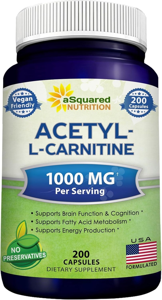 aSquared Nutrition Acetyl L-Carnitine 1000mg Max Strength - 200 Veggie Capsules - Alta Dosificación Acetyl L Carnitine HCL (ALCAR) Suplemento píldoras para apoyar Energía pura, Función cerebral y ácido graso