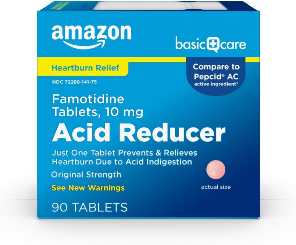 Cuidado básico Tablas de Famotidina de Fuerza Original, 10 mg, Reductor de ácido, Medicina de acidez, Alivio de Indigestión de ácido, 90 Conde