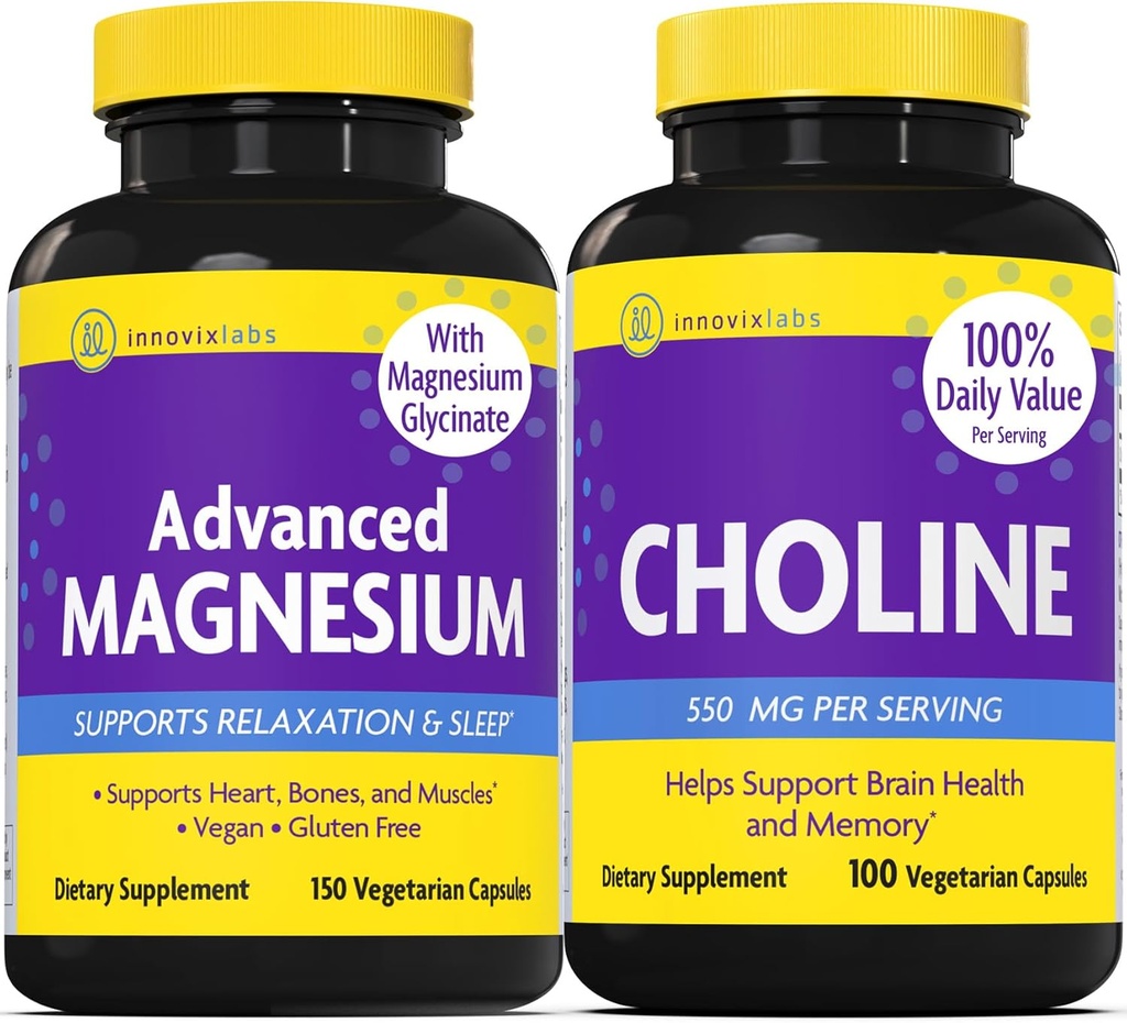 InnovixLabs Choline &amp; Magnesium Bundle Choline Bitartrate 550mg (100 capsules) Advanced Magnesium (150 capsules). Soporta Memoria, Mood, Brain Health " Boost Cognitive.*