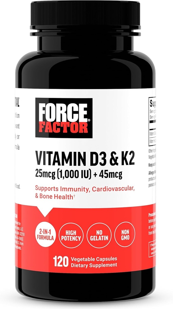 FORCE FACTOR Vitamina D3 K2 para apoyar la inmunidad, la salud del corazón, el soporte de los huesos, y más, alta potencia 2 en-1 Fórmula, Vegan, No gelatina, no GMO, 120 cápsulas