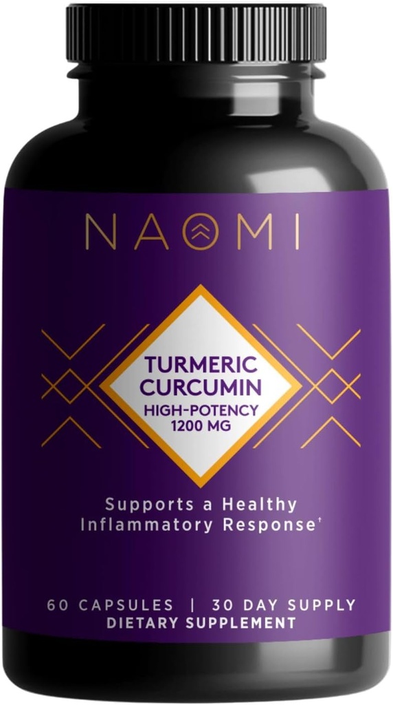 NAOMI Turmeric Curcumin High-Potency 1,200 mg, 95% Curcuminoides " BioPerine Black Pepper Extract to Boost Absorption up to 2000%, Extra-Strength Joint, Muscle, Brain Support, 60 Caps, 30-Day Supply