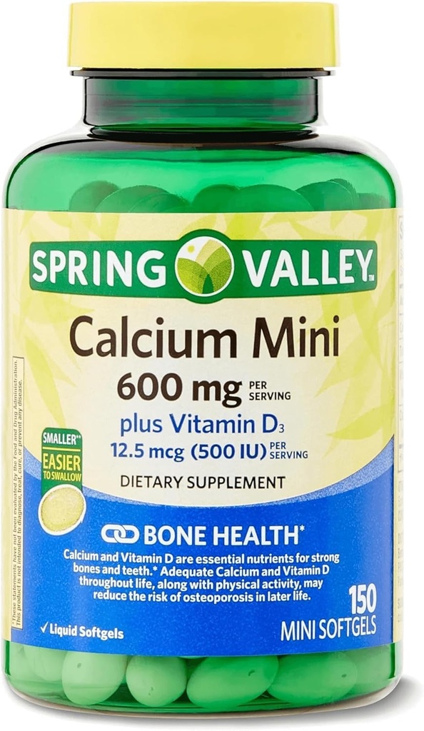 Valle de primavera Calcio Plus Vitamina D3 150 Mini Softgels Silencio Calcio Suplemento Silencio Calcio Mini softgels Silencio Calcio 600 mg con vitamina d3 Silencio Calcio Carbonato 600 mg, 150 Mini Softgels +