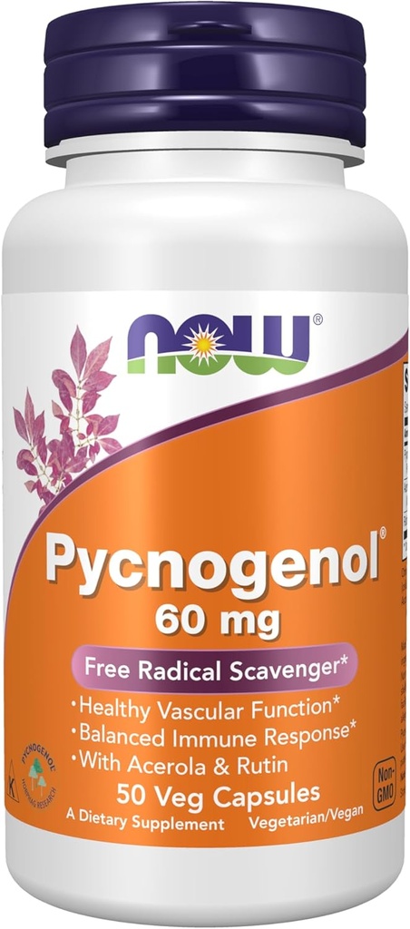 AHORA Suplementos de alimentos, Pycnogenol 60 mg (un único combo de proanthocyanidins de Pine Marítimo francés) con Acerola & Rutin Powder, 50 cápsulas de Veg