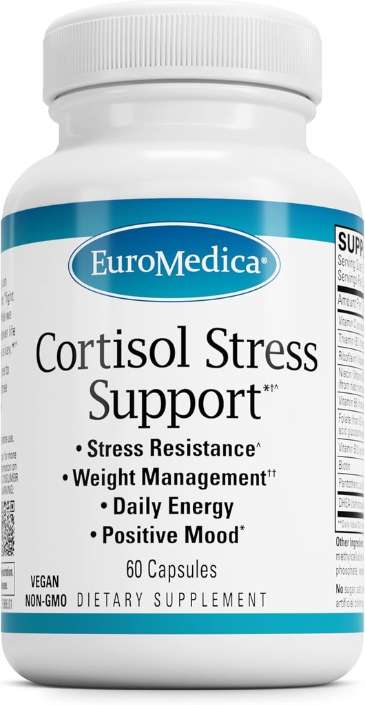 EuroMedica Cortisol Stress Support - Suplemento diario de energía con DHEA - cápsulas veganas con vitamina B2 &amp; C - Suplemento dietético para el soporte del sistema inmunitario - 60 cápsulas