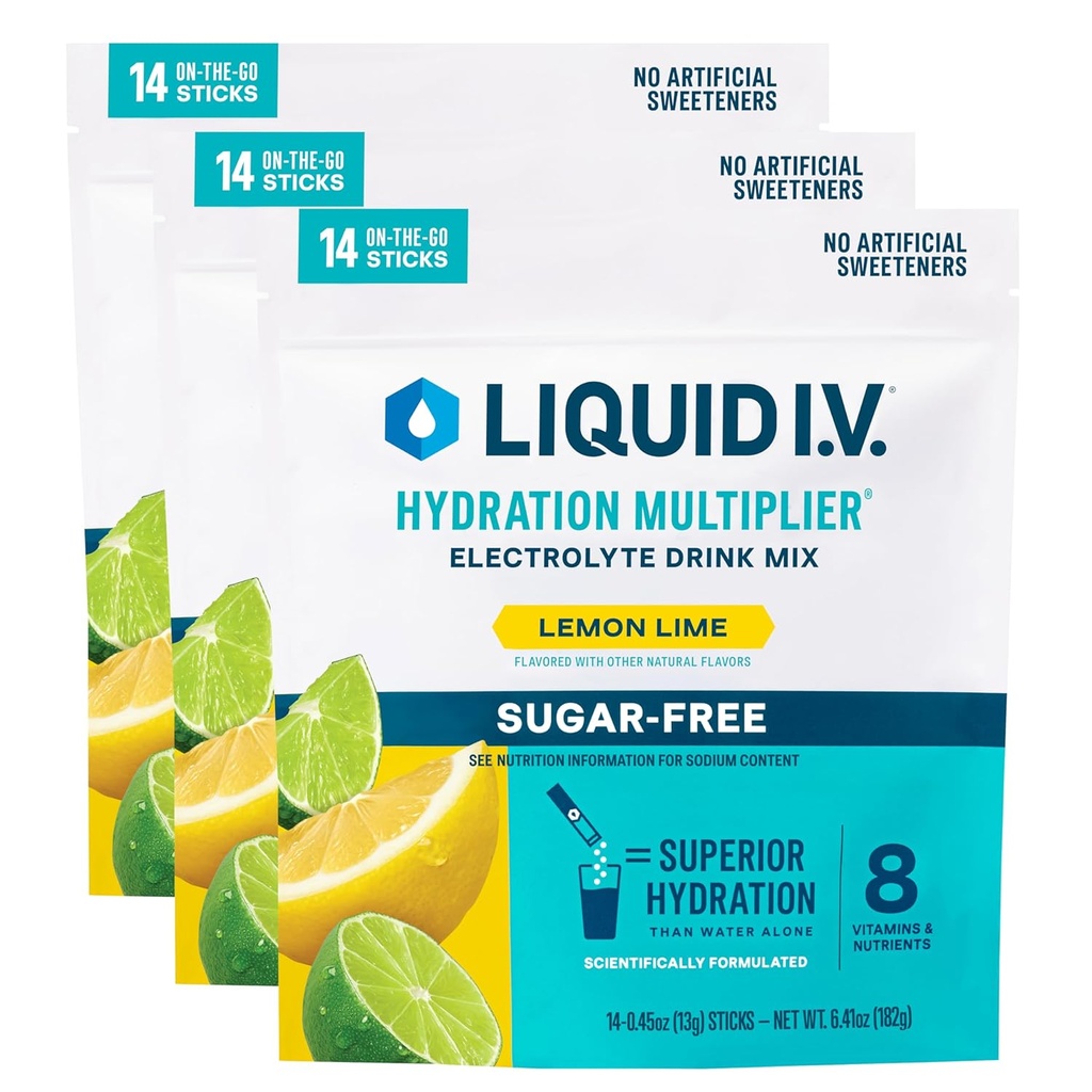Liquid I.V.® Hydration Multiplier® Sugar-Free - Lemon Lime - Hydration Powder Packets | Electrolyte Powder Drink Mix | Convenient Single-Serving Sticks | Non-GMO | 14 Servings (Pack of 3)