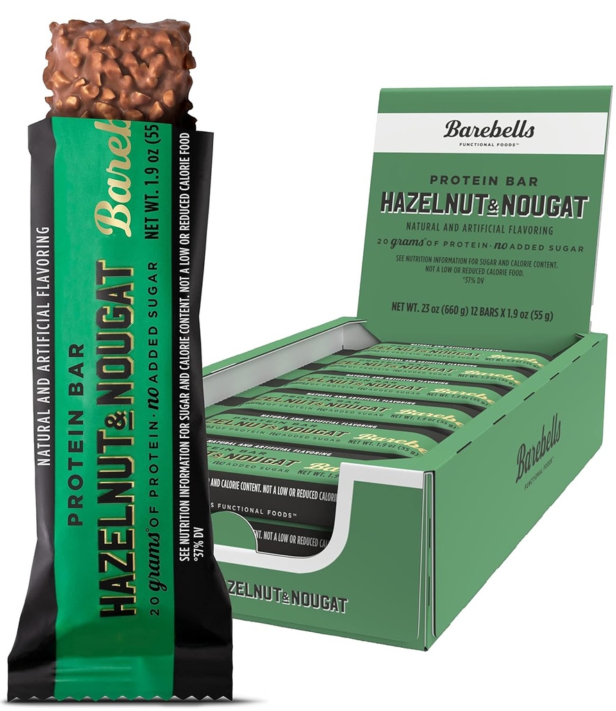 Barebells Protein Bares Hazelnut & Nougat - 12 Conde, 1.9oz Bares - Protein Snacks con 20g de High Protein - Chocolate Protein Bar con 1g de Azúcares Totales - En The Go Protein Snack &amp; Breakfast Bares