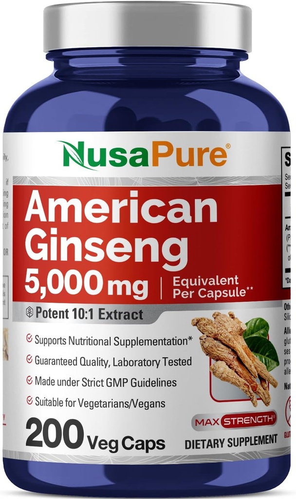 NusaPure American Ginseng 10:1 Extracto, 500 mg Equivalente a 5000mg - 200 cápsulas vegetarianas (Vegetariano, No GMO, Vegan)
