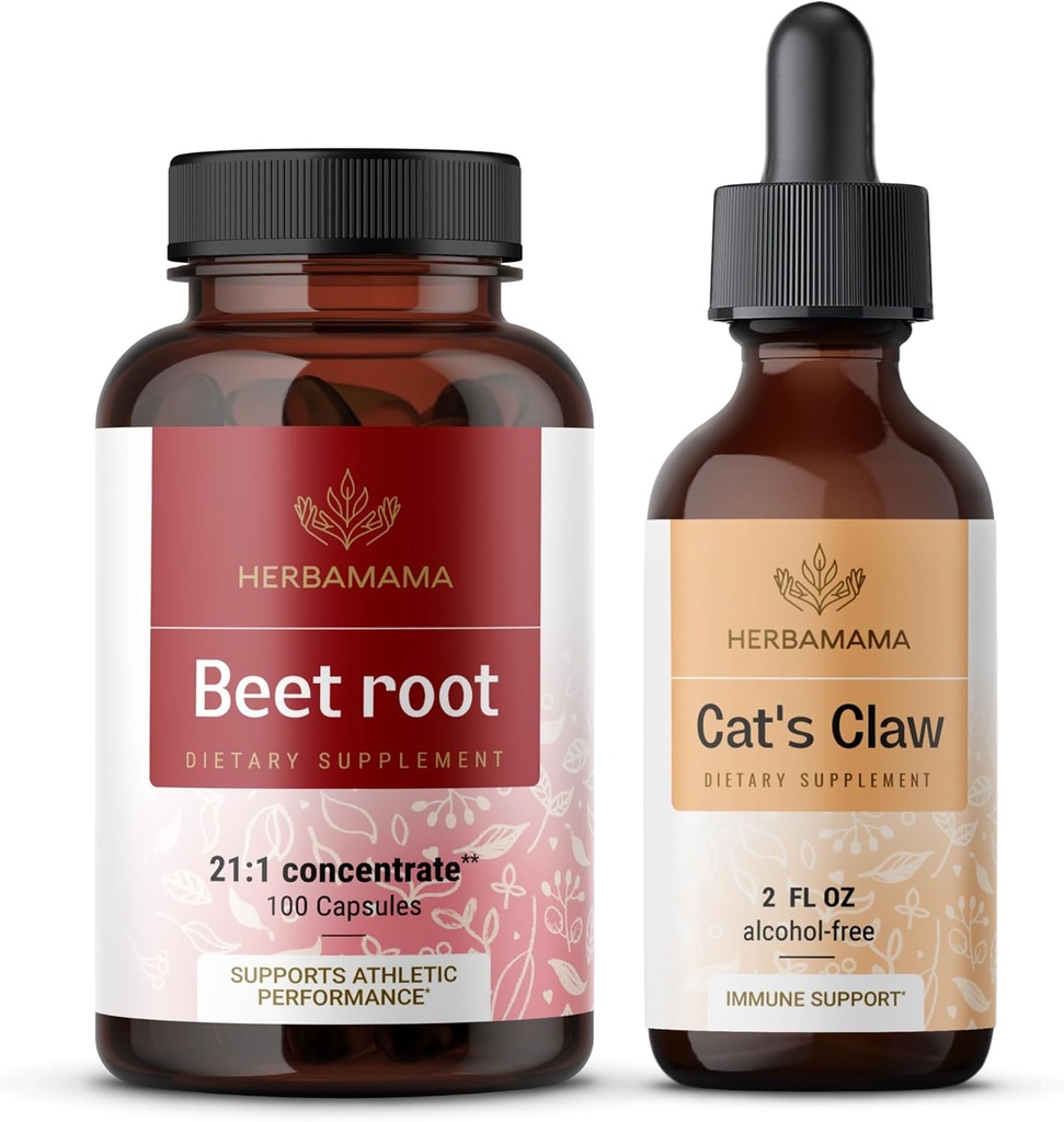 HerBAMAMA Beet Root and Cat's Claw Kit - Bundle of 21:1 Concentrate Beet Root and Cat's Claw Tincture 2 fl oz - Vegan, Non-GMO, Sugar &amp; Alcohol-Free - 2 Pack