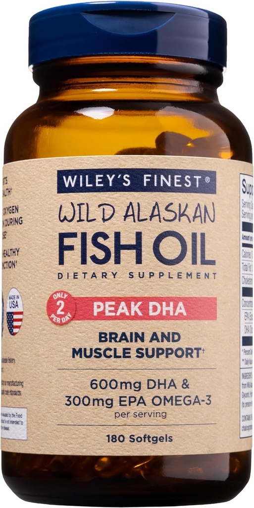 Wiley's Finest Wild Alaskan Fish Oil Peak DHA - 900mg EPA y DHA Omega-3 - 180 Softgels (90 Servings)