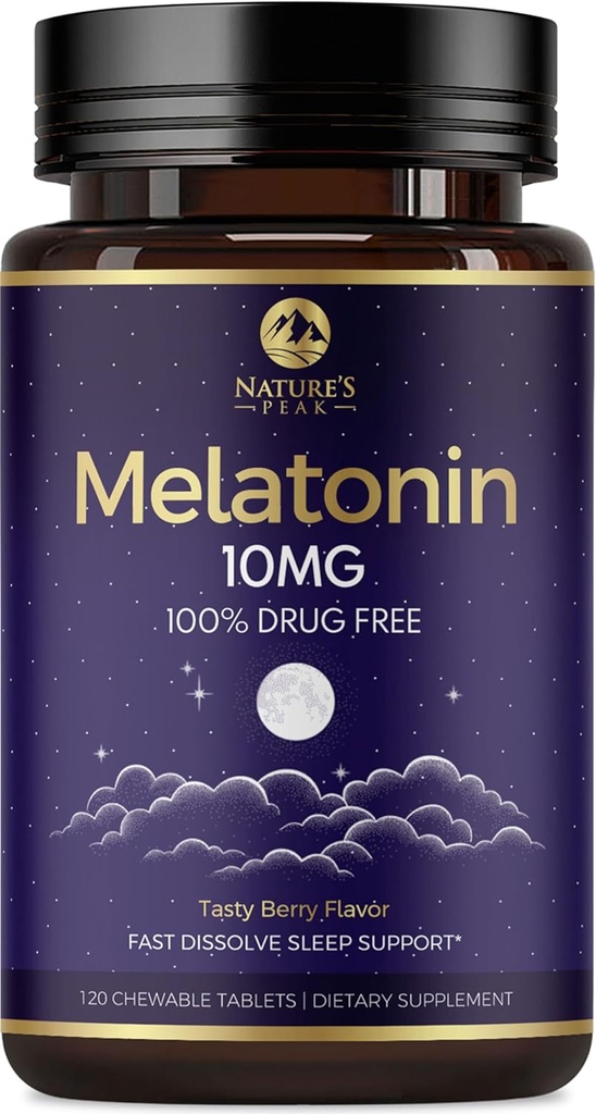 Melatonina 10mg Suplementos de disuelve rápido, Suplemento de Apoyo al sueño para adultos - Extra Strength 10 mg Melatonin Tablet for Restful Sleep Support, Strawberry Flavor, Sugar-Free Non-GMO - 120 Day Supply