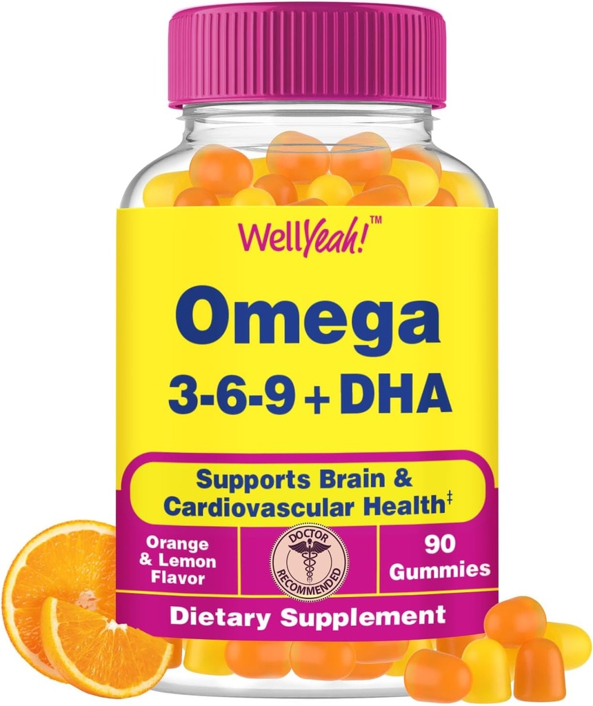 Bueno. Sí Omega 3 6 9 Gummies Silencio con aceite de Flaxseed y DHA Silencio Vegetarian Omega 3 Fish Oil Alternative ← GMO Free, Naranja &amp; Lemon Flavor TEN Natural Sourced Colores y Sabores TEN 90 Conde