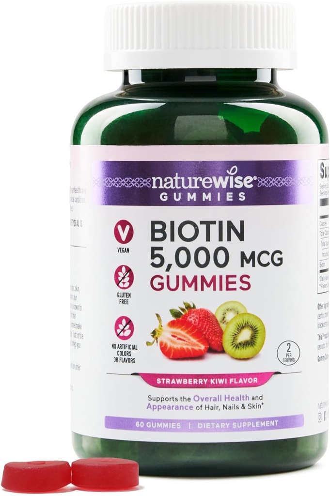 NatureWise Biotin Gummies - Supports Healthy Hair, Skin and Strong Nails - Vitamina B7 5000mcg - Belleza natural - Fresa-Kiwi Flavor - Vegan, No GMO, Gluten Gratis - 60 Conde[30 Day Supply]