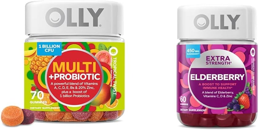 OLLY Adult Multivitamin Gummy con Probióticos, 1 Billion CFUs, 70 Conde y Extra Strength Elderberry Gummies, Immune Support, 450mg, 60 Conde