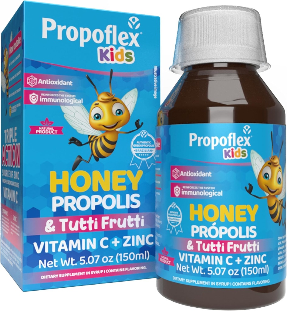 Beelife Bee Propolis Tos Syrup Kids- Triple-Action - Natural Syrup, Brasil Green Propolis, Zinc, Bromelain, Vitamina C- Support Immunity & Recovery - de Brasil, Tutti Fruit Flavor, 150 ml
