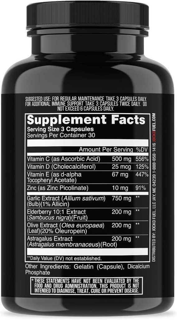 Jocko Fuel Immune Support Supplement - Elderberry with Zinc &amp; Vitamin C for Adults - Immune Defense with Vitamin C, D3, Superfoods, Herbs, & Minerals (90 Capsules)