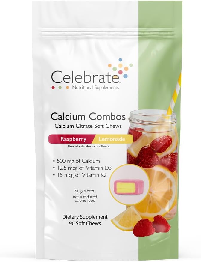 Celebrar vitaminas Bariatric 500mg Calcio Citrate Soft Chews Combo con 500 UI Vitamina D3 – Esencial para el bypass gástrico Pacientes &amp; Bone Health - Sugar & Gluten Free, Rasperry Lemonade (90 Chews)