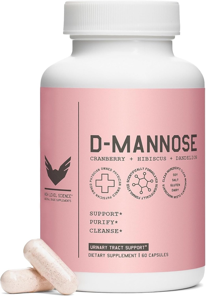 Alto nivel D-Mannose 1000mg, Urinary Tract &amp; Bladder Health Support, D Mannose Supplements for Women, Cranberry, Hibiscus " Dandelion, Utri Cleanse, 60 cápsulas, Vegetarian, Gluten Free